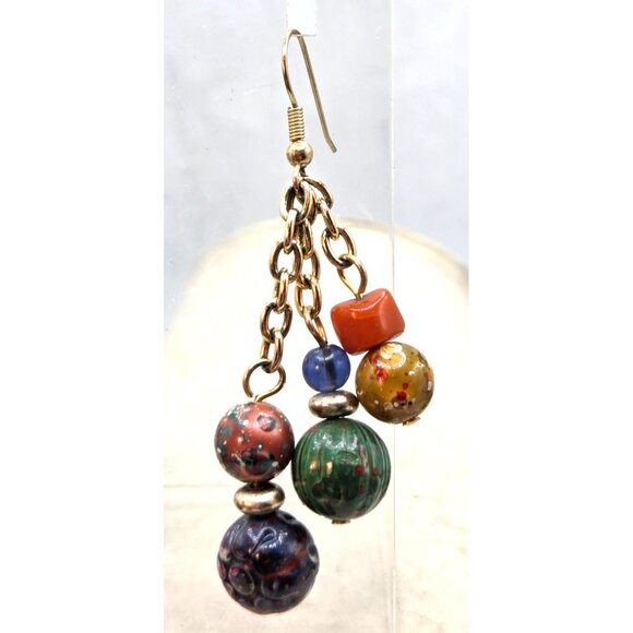 Handmade Multicolor Beaded Dangle Earrings With Gold-Tone Chains & Hooks - Picture 2 of 2
